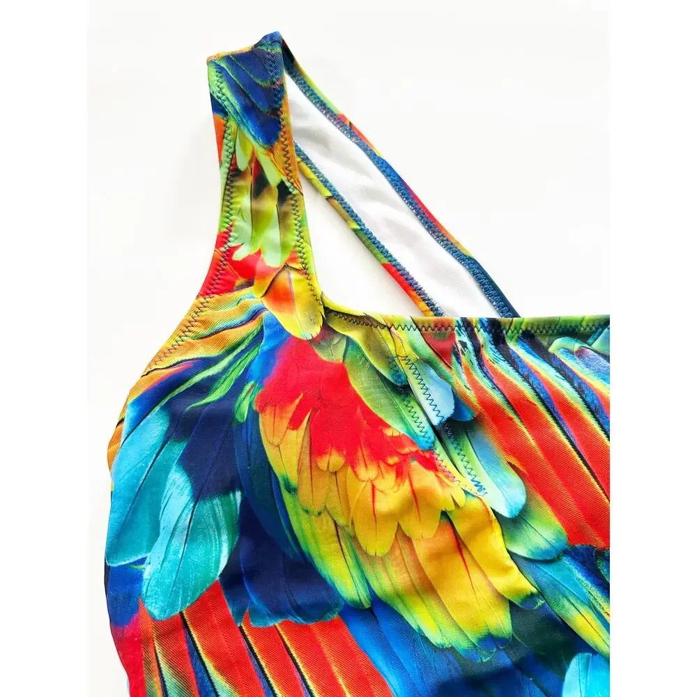 ABS by Allen Schwartz Tropical Parrot Print One Shoulder‎ One Piece Swimsuit 4